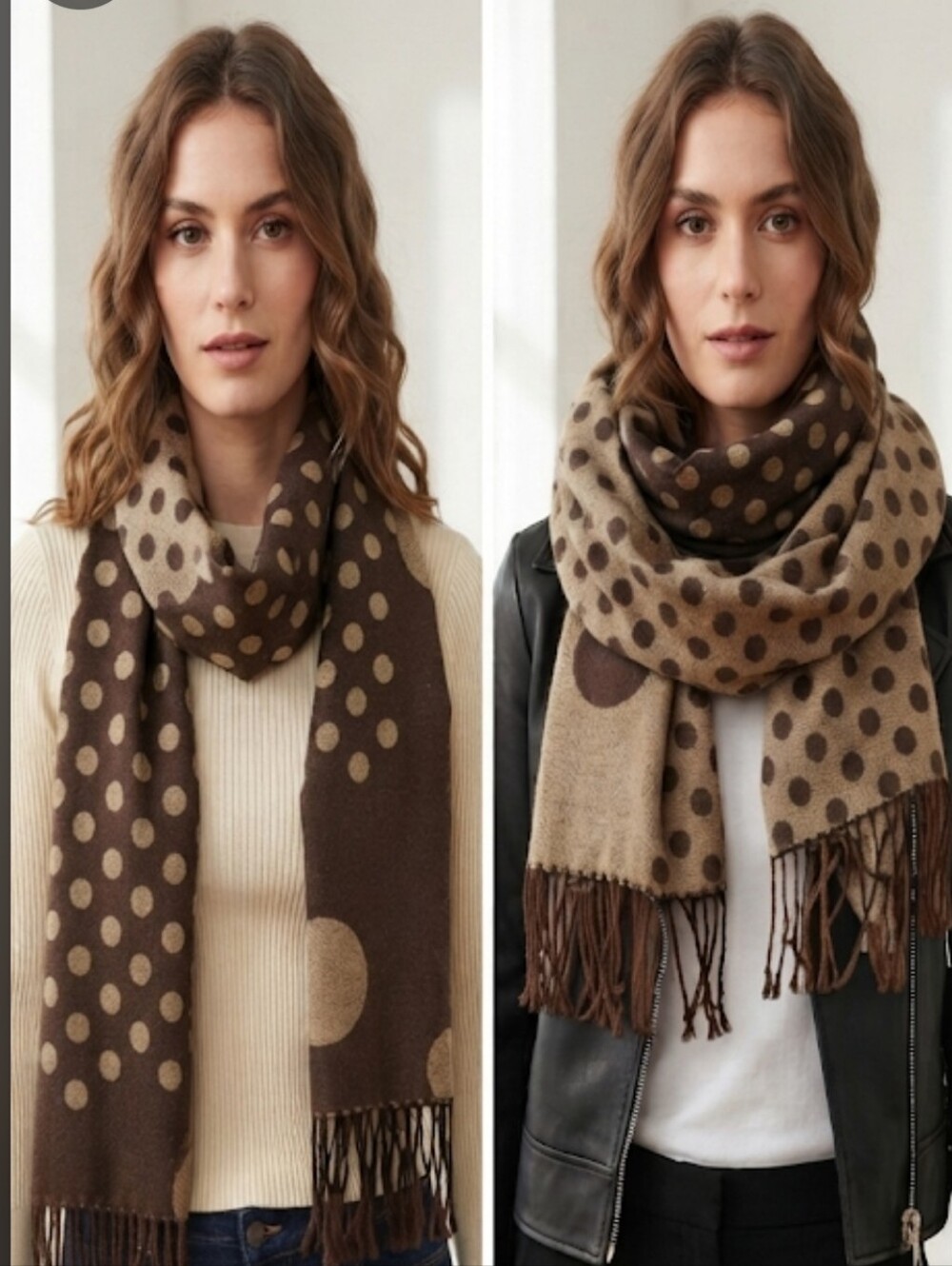 Reversible Brown and Tan Polka Dot Fringe Scarf/Wrap -26" Wide x 6' Long